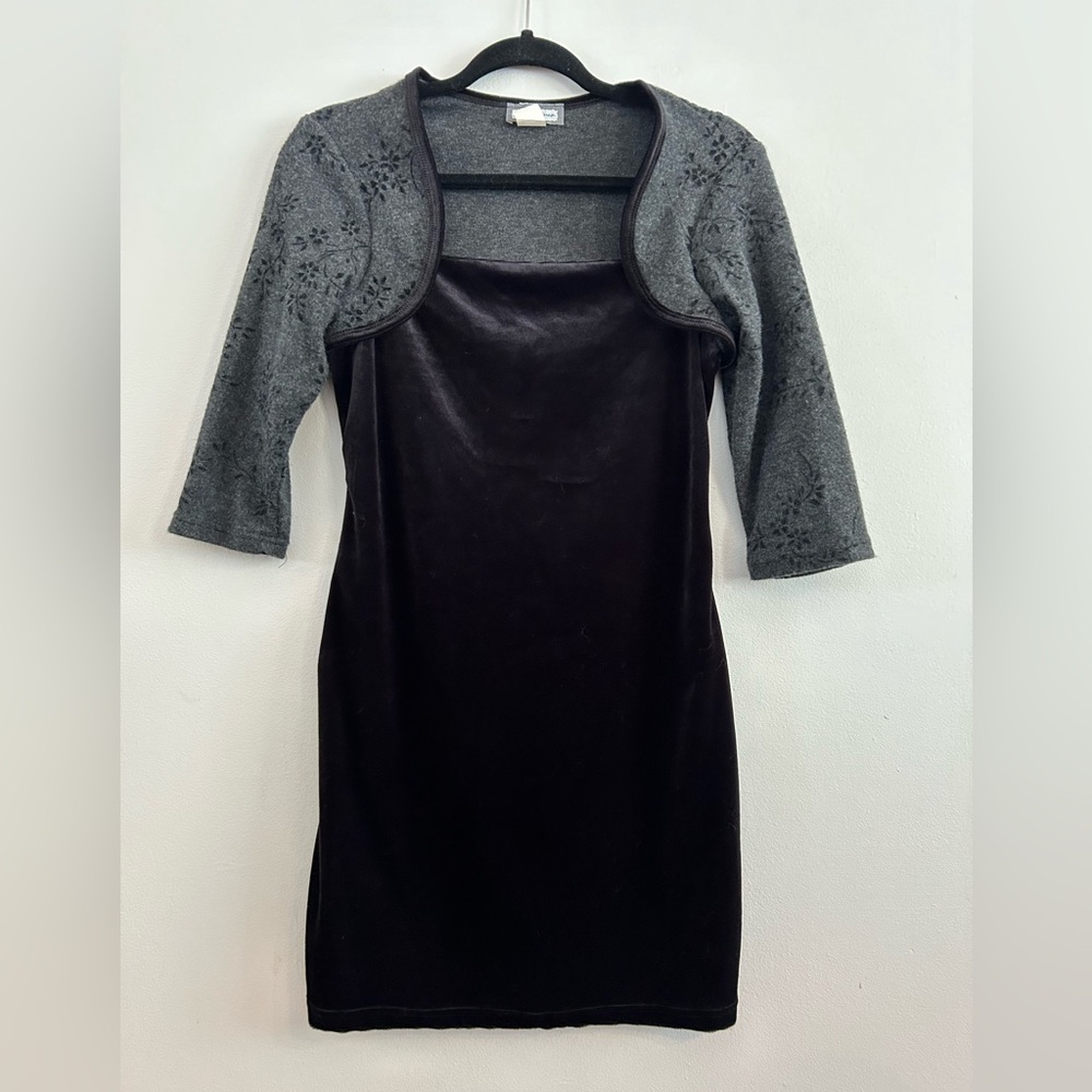 Vintage Y2K black stretch velvet grey bolero shrug bodycon dress whimsygoth S M